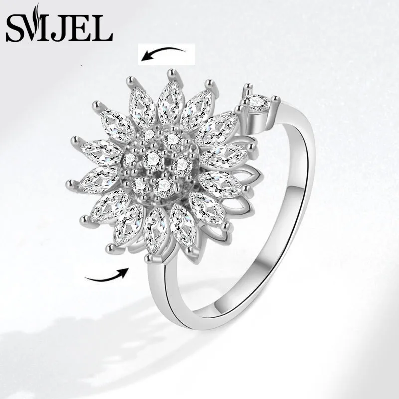 SMJEL Luxuriöse Kristall-Angstlöse-Drehringe für Frauen, niedlicher Sakura-Gänseblümchen-Rosen-Blumen-Drehring, Anti-Stress-Geschenk
