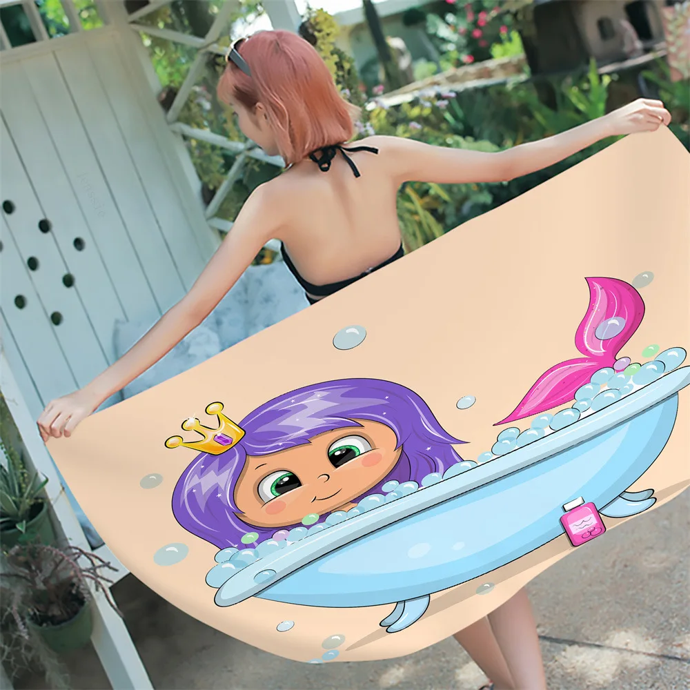 Cartoon Mermaid Beach Towel Camping Towels for Girls Quick Dry Absorbent Super Soft Blanket Pool Travel Swim Bath Shower Towel