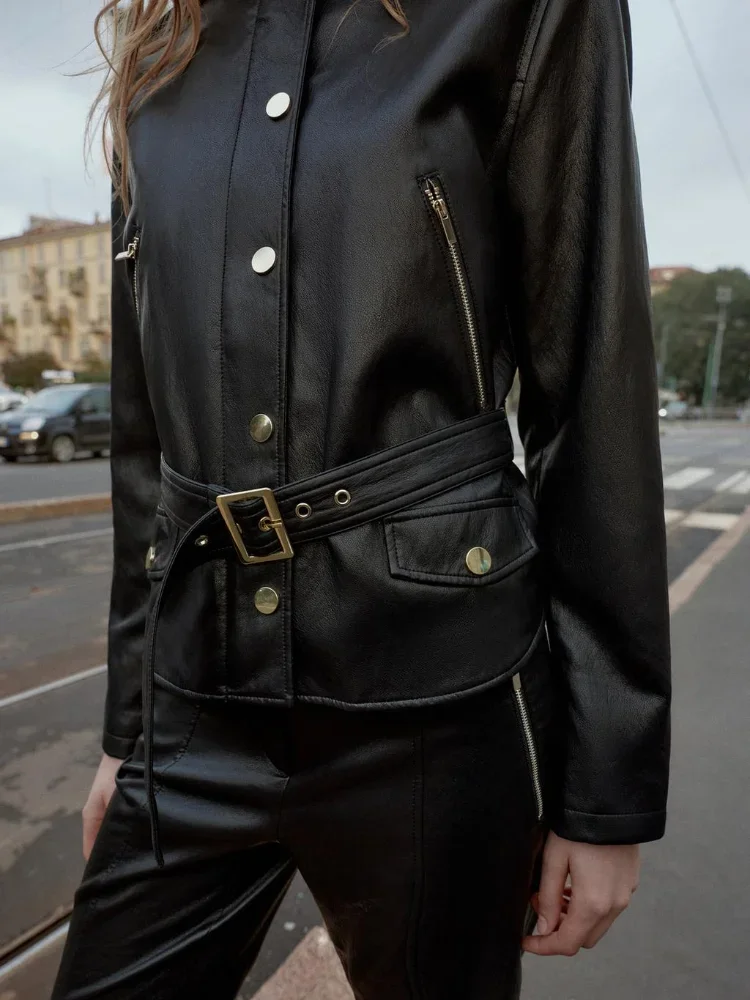 سترة نسائية كاجوال سوداء قصيرة من الجلد موضة بياقة واقفة وأكمام طويلة وسحاب وحزام فضفاض سترات نسائية يومية معطف عالي الشارع #5