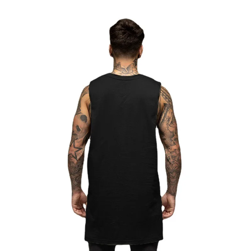 Men Breathable Gym Bodybuilding Workout Tank Top Back Extend Long Fitness Vests Loose Open Side Cut Off Sleeveless Cotton Shirts
