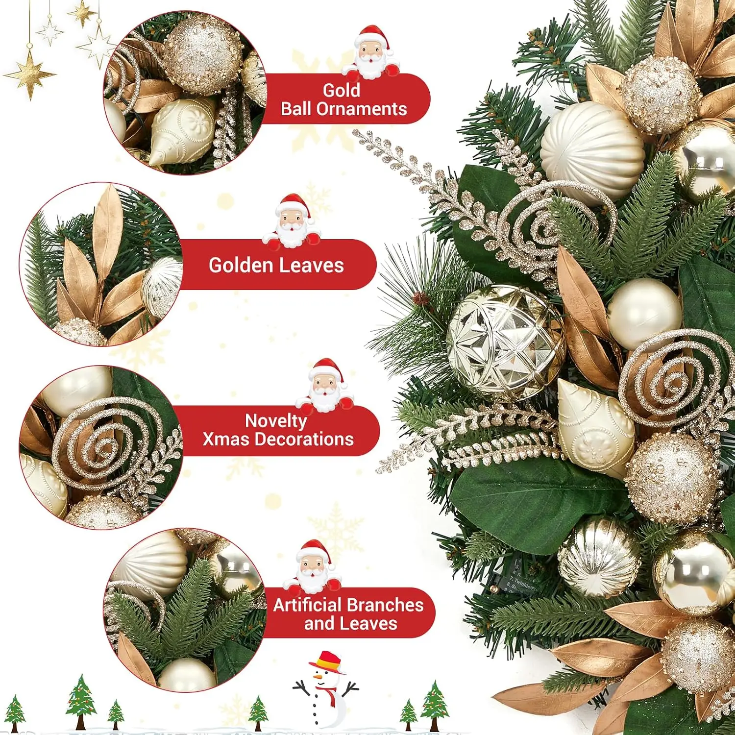 Garvee 6FT Christmas LED Rattan Garland Artificial Wreath with Lights for Xmas Tree Front Door, Fireplace, Stairs, Home Party Decor Yard Pine Rattan Hanging Ornaments - view 7