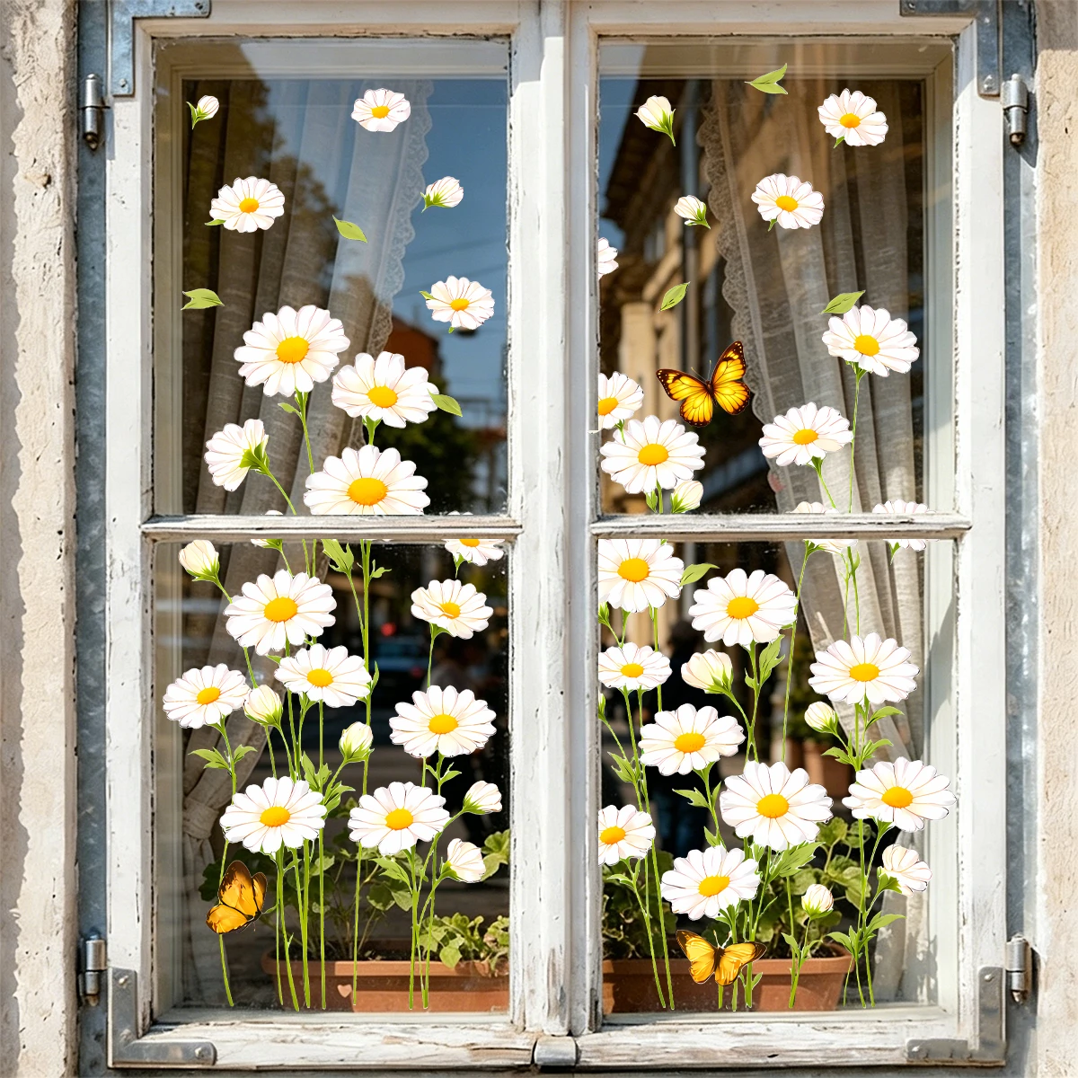 

Daisy Flower Static Window Stickers, Daisy and Butterfly Glass Stickers, Kitchen Living Room Home Decoration,Detachable Reusable
