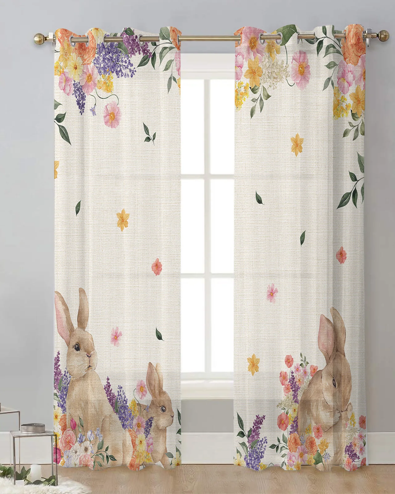 Easter Rabbit Spring Wild Flowers Sheer Window Curtains Bedroom Living Room Tulle Curtains Voile Drapes for Kitchen