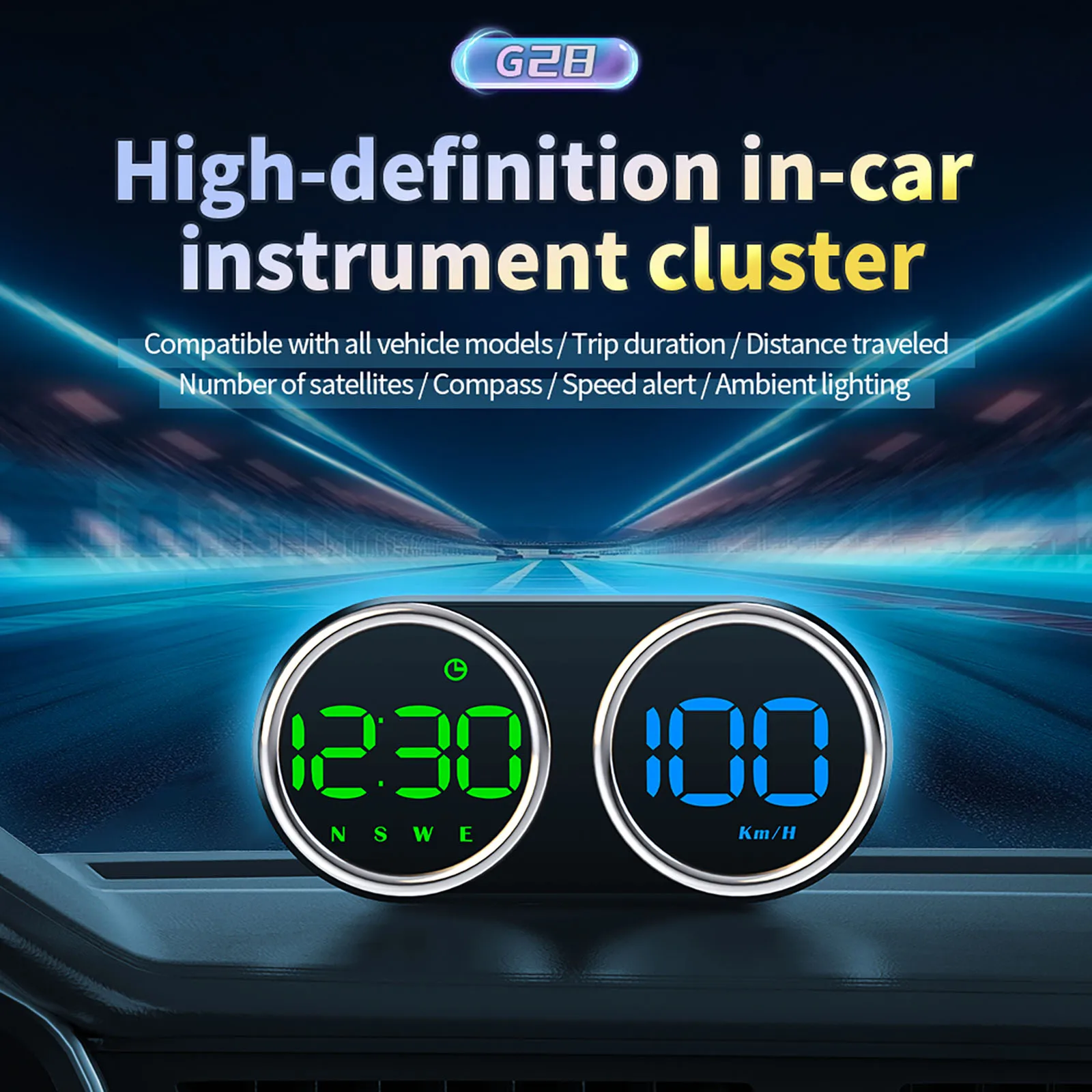 G28 Car HUD Head-Up Display GPS Speedometer with Compass & Overspeed Warning, Multi-Color LED for All Vehicles Electric Cars Tru
