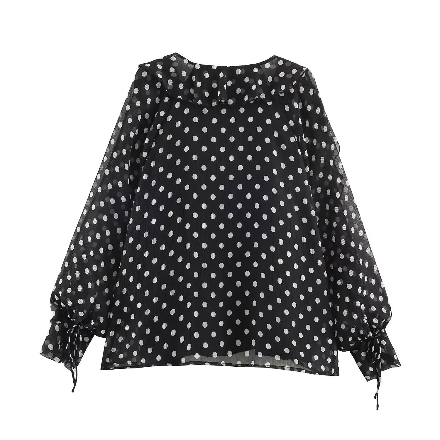 BSAY 2026 Herbst Vintage Polka Dot Damenbluse mit V-Ausschnitt, geschichtetem Rüschensaum, Laternenärmeln, Kordelzug am Ärmelbund und lässigem Schnitt – Detail 6