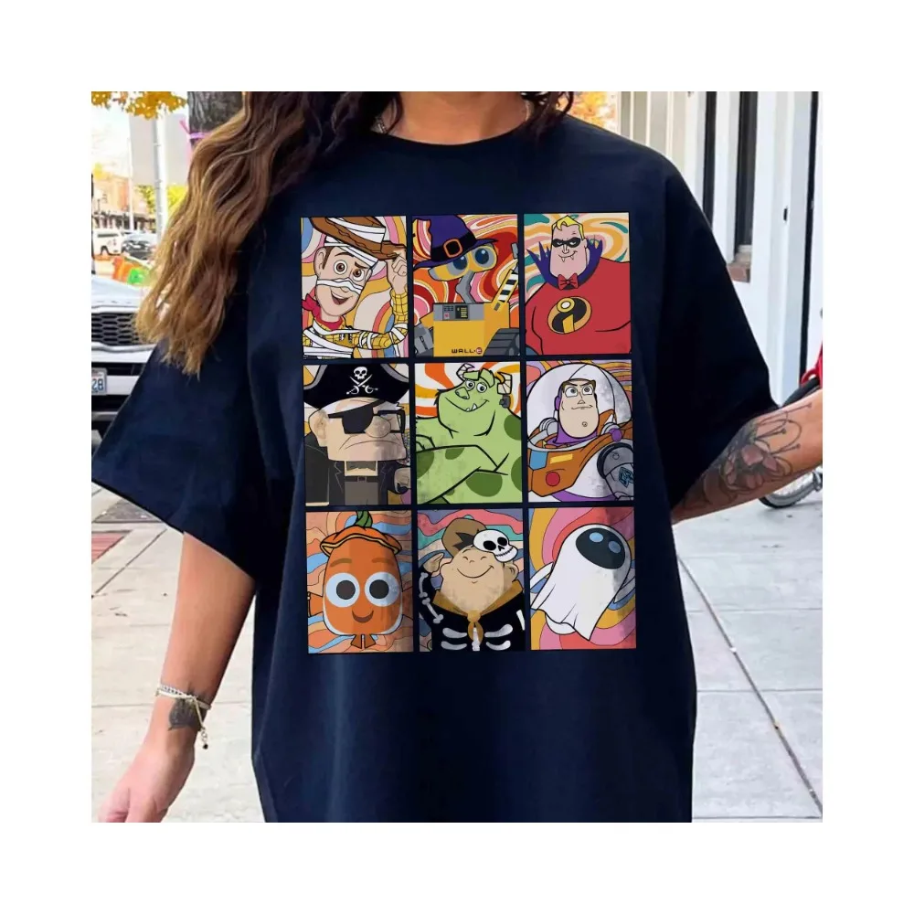 خمر شخصيات ديزني بيكسار هالوين صور المرأة الرجال القطن تي شيرت لعبة قصة الهيكل العظمي سيارات المومياء الوحش Inc المحملة