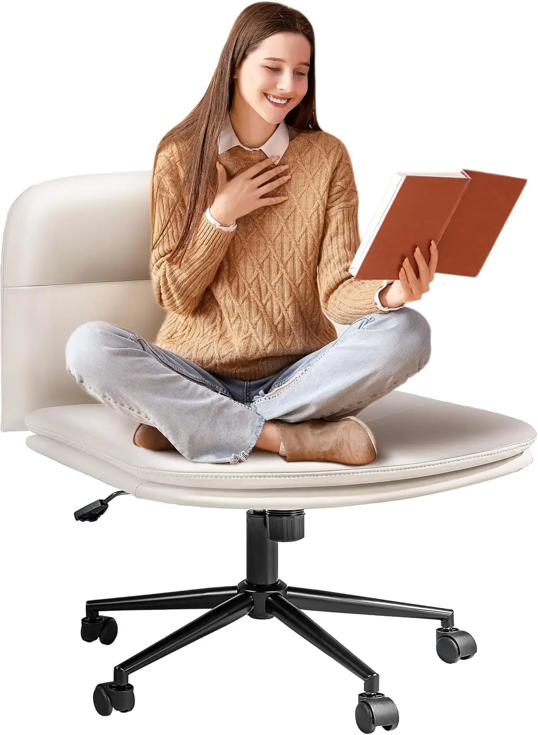 

Criss Cross Chair with Wheels, Cross Legged Office Chair, Armless Wide Vanity Chair with Back, Desk Chair Comfy Wide Seat,