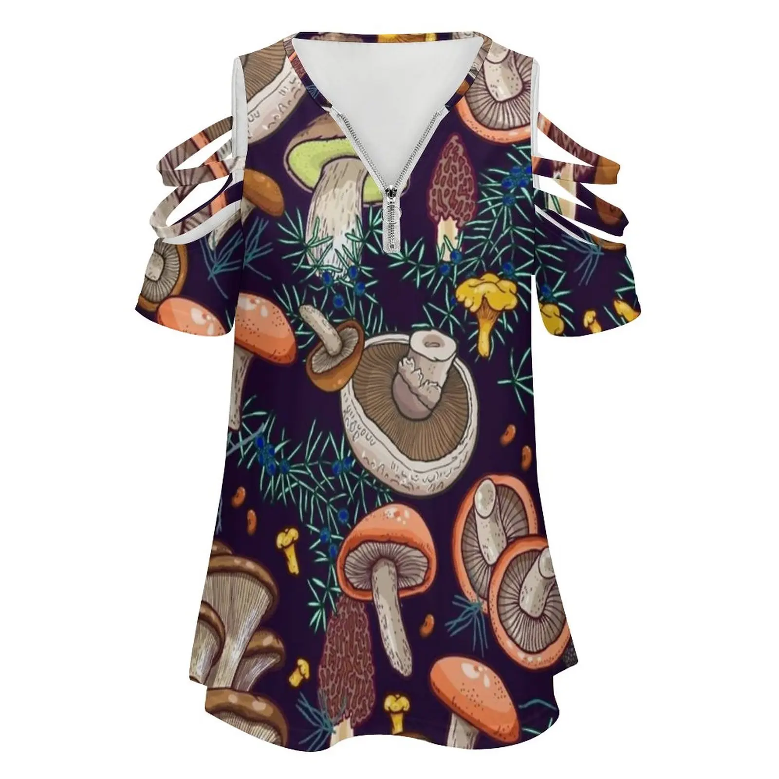 Dark Dream Forest New Fashion Zip Off Shoulder Top Short-Sleeve Women Shirt Fungus Chanterelle Portobello Bolete Oyster Truffle