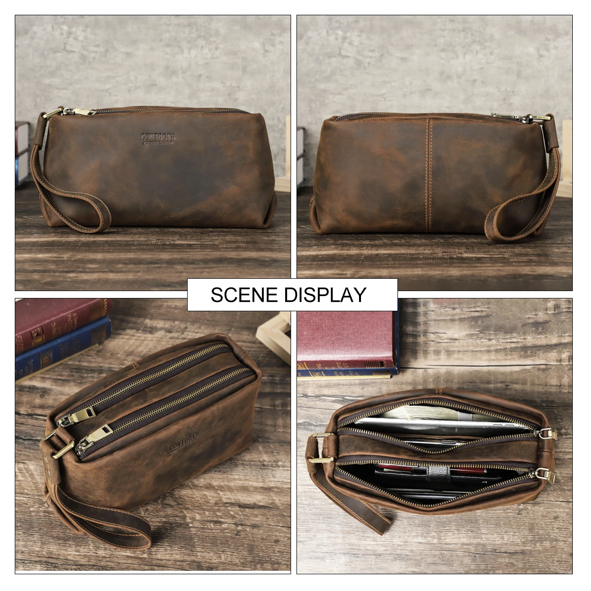 CONTACT'S Full Grain Leather Men's Wristlet Clutch Bag Double Zip Travel Organizer Large Capacity Handmade Man Bag view 5