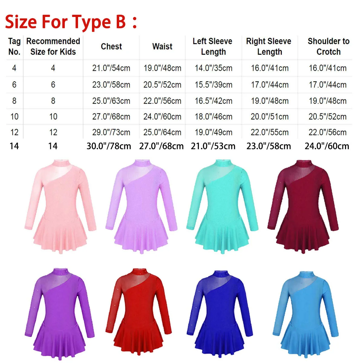 Figure Skating Dress Kids Girls Women Sparkly Tulle Ballerina Gymnastic Leotard Ballet Dress Long Sleeves Mock Neck