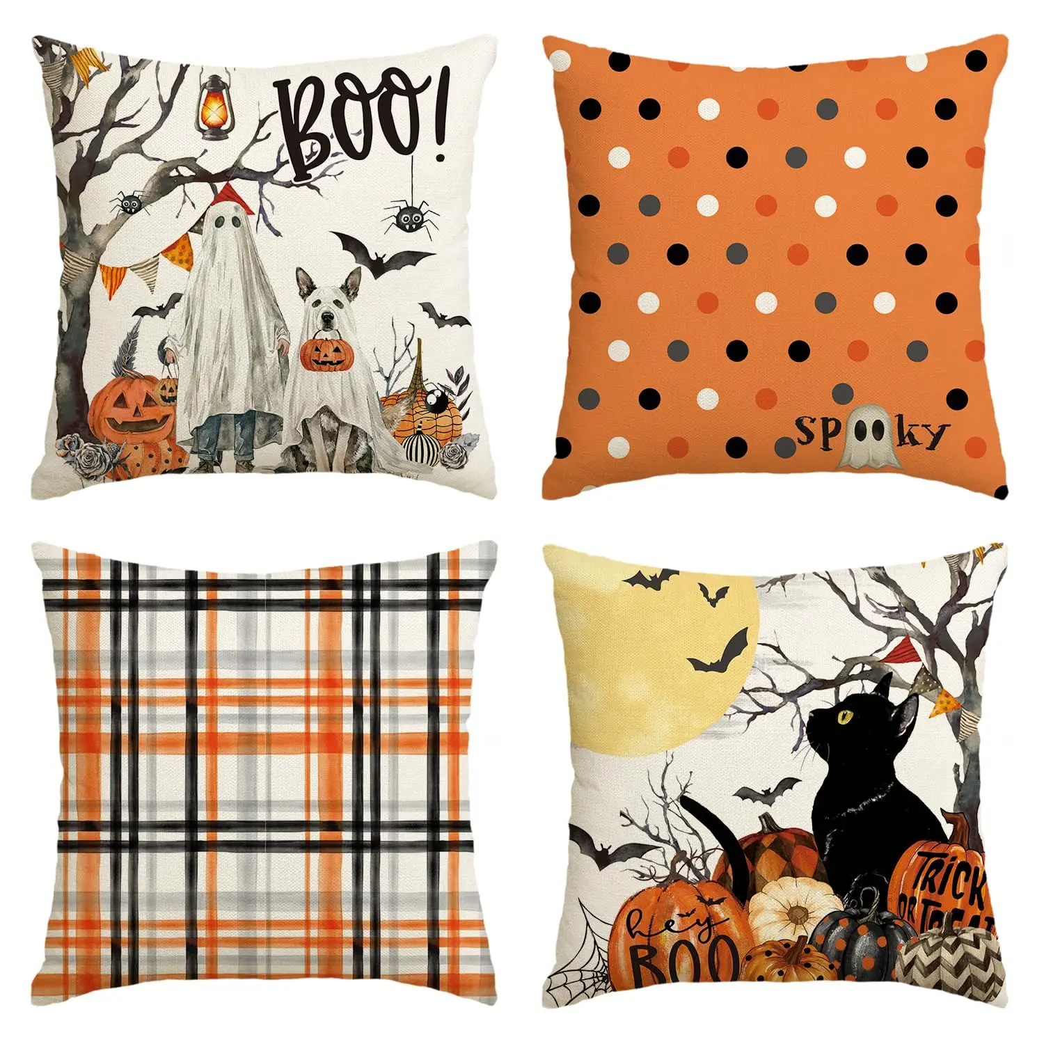 

Halloween Boo Dead Tree Ghost Spooky Dog Polka Dots Throw Pillow Covers,18x18" Cat Moon Pumpkin Bat Plaid Cushion Case Set of 4