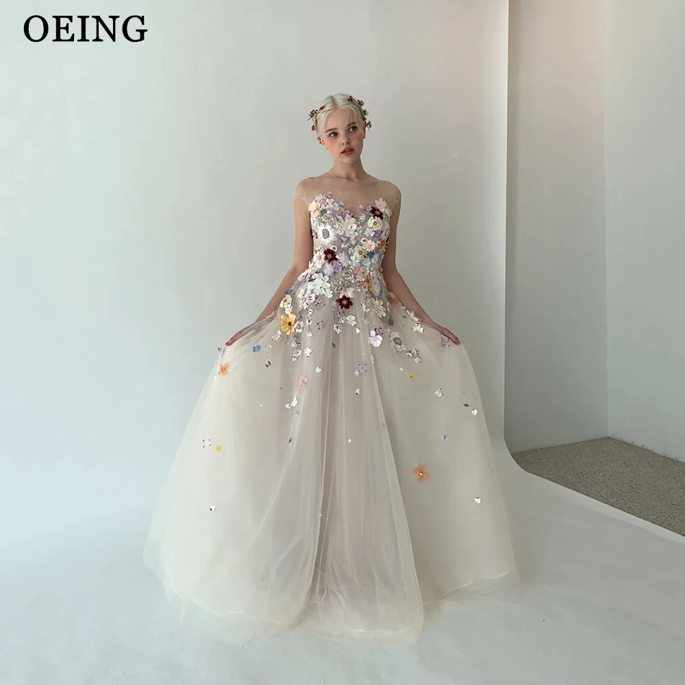 OEING Princess Strapless Evening Dress 3D Lace Appliques Wedding Photo Shoot Prom Gowns Tulle Corset Back Formal Party Dress