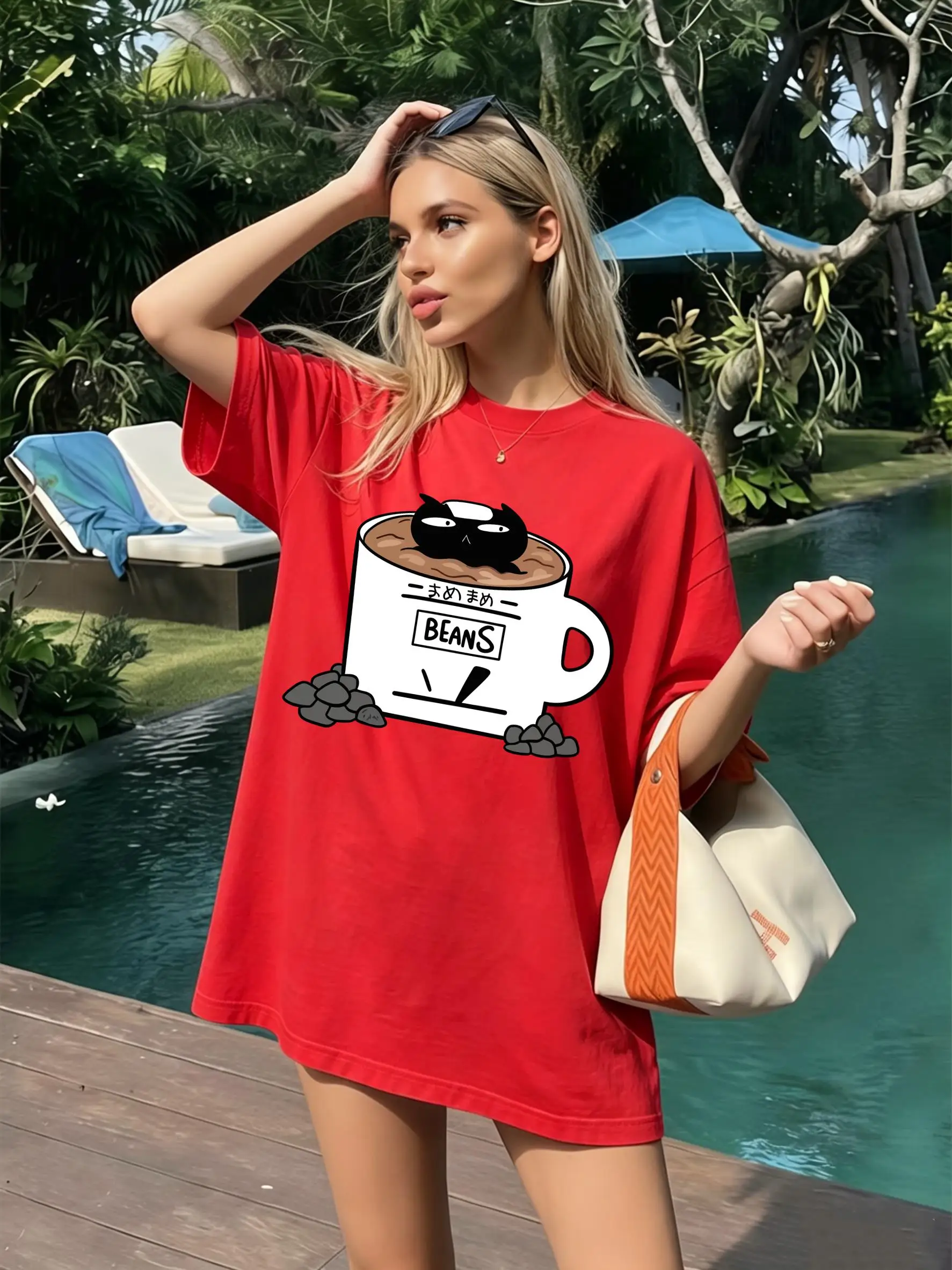 Cat In Coffee Beans Cup Prints Women'S T Shirt Breathable Casual Unisex Streetwear O-Neck Cotton Clothes Summer Oversize T-Shirt