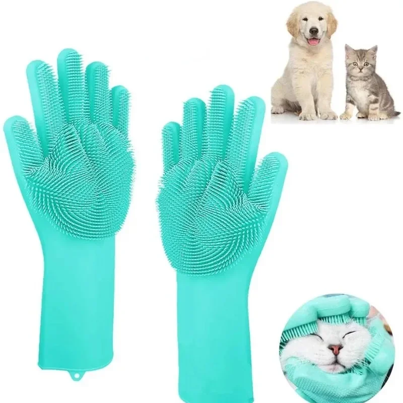 Dishwashing Cleaning Gloves Silicone Rubber Dish Washing Gloves for Household Sponge Scrubber Pet Grooming Cleaning Gloves