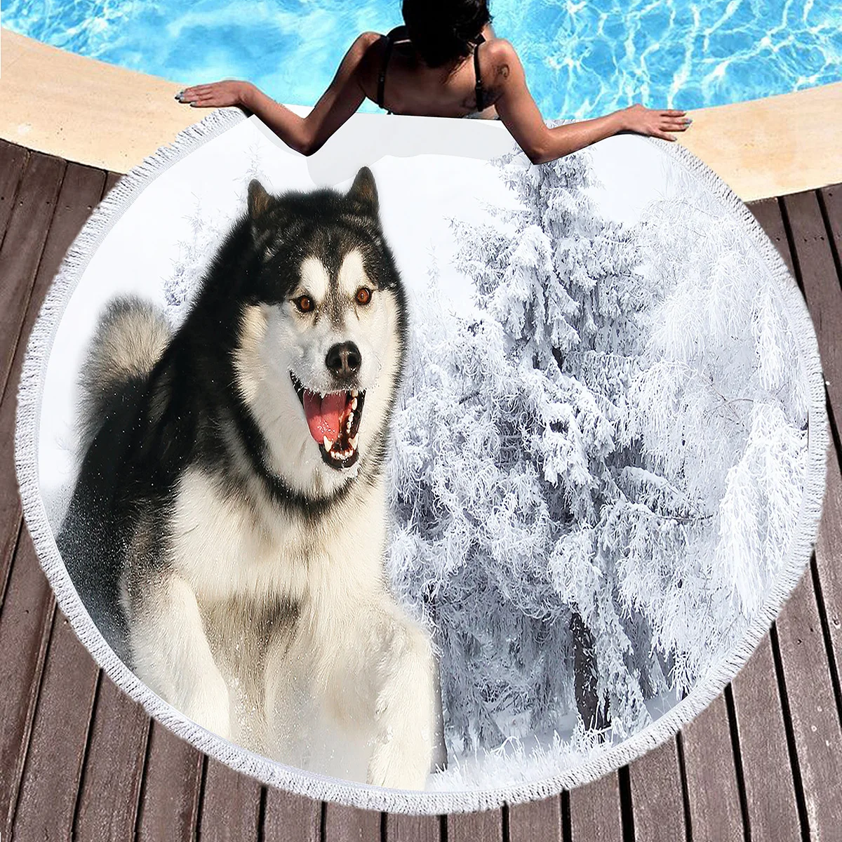 Cute Husky Pet Dog Round Beach Beach Towel, Soft Absorbent Quick Dry Circle Swim Towel with Tassels Roundie Yoga Mat Picnic Rug