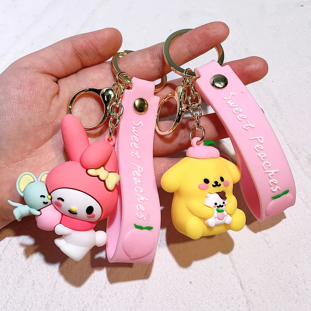 Sanrio Anime Keychains Hello Kitty Melody Kuromi Cinnamoroll Cartoon Dolls Action Figure Model Bags Pendant Keychain Car Keyring