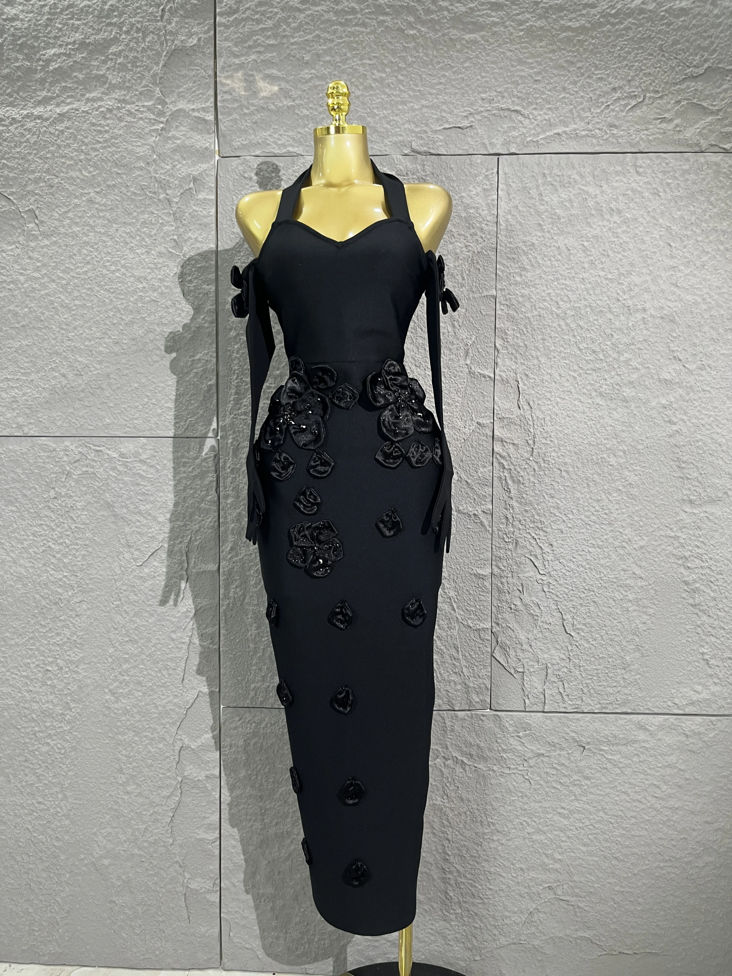 

Sexy Halter Backless 3D Flower Long Bandage Dress With Gloves Women Celebirty Elegant Prom Evening Club Party Birthday Dress