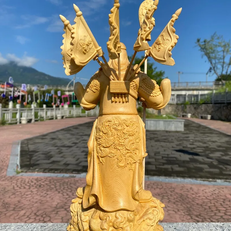 Guan Yu Wealth & War God Statue 30cm Hand-Carved Hinoki Wood with Ingot and Five Flags, Taoist Feng Shui Decor for Home, Office view 5