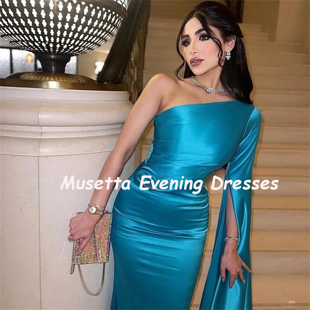 Musetta One Cape Sleeves Lake Blue Evening Dresses Dubai Elegant Mermaid Prom Dress Sexy Ankle Lenght Party Gowns Customized