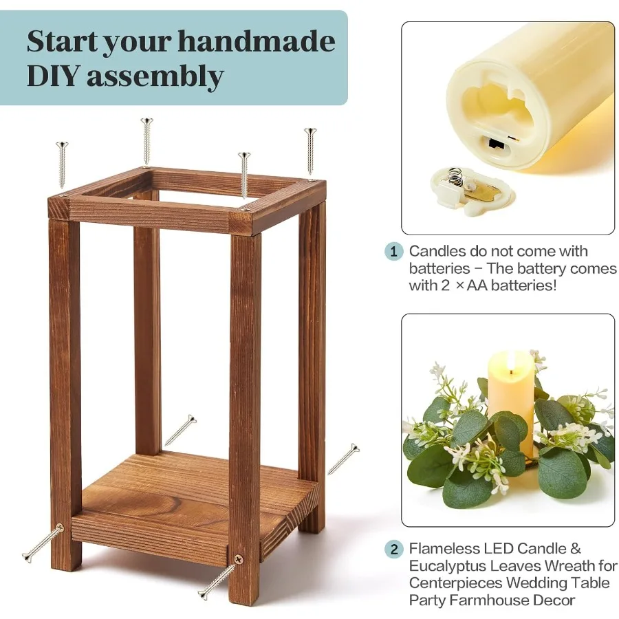 Juego de 48 Uds. De 16 unidades de centro de mesa de farol de boda de madera con 16 soportes, 16 velas y 16 coronas para decoración rústica de mesa en un conteo