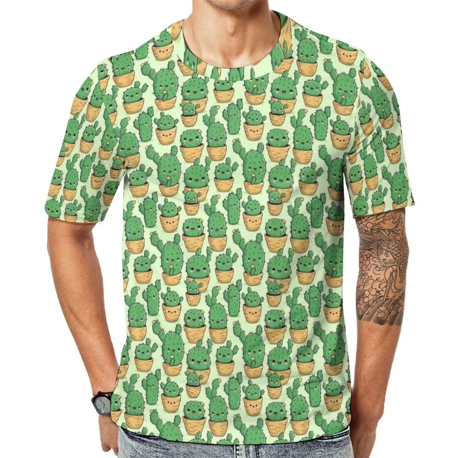 Oversized T Shirt Original Green Mini Potted Cactus Doodle Print T Shirts Streetwear Crew Neck Tee Shirt Man Harajuku Top Tees