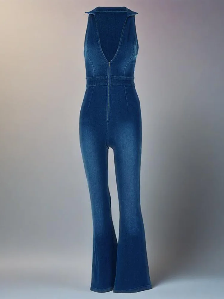 

Spring and Summer new women's fitted retro high-waisted denim jumpsuits with zipper cardigan flared pants