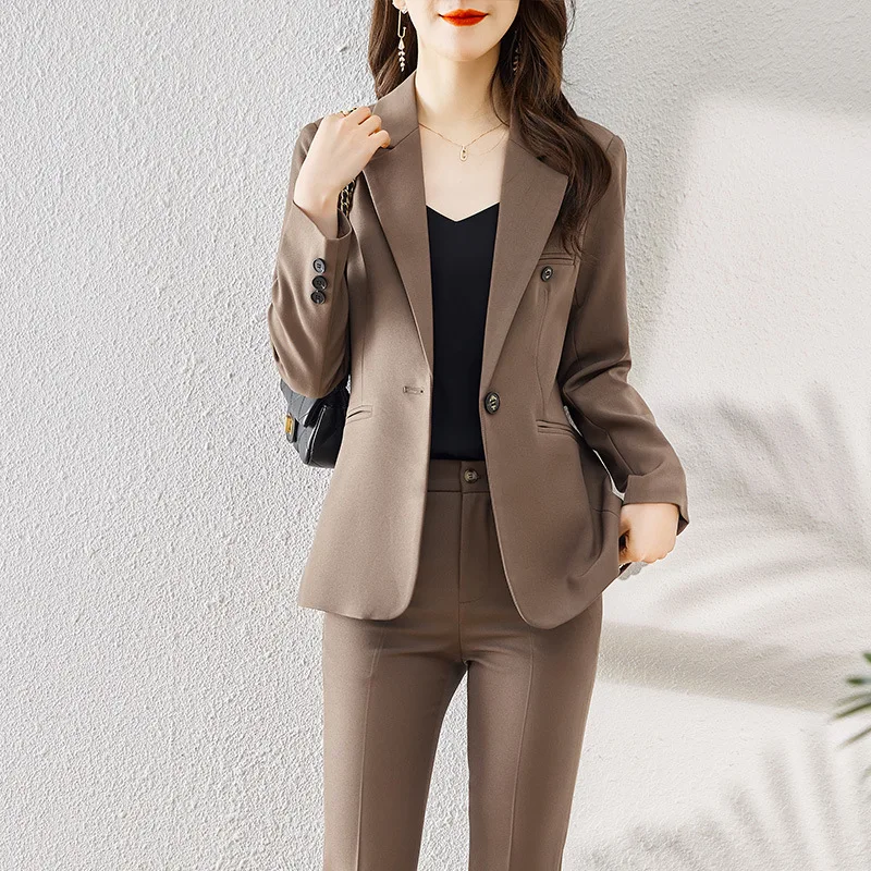 Brown Blazer Trousers Women's Suit Sets Long Sleeve Jacket Blazer Casual Office Ladies Pantsuit For Business Or Ceremony