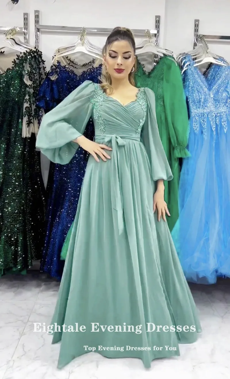 Eightale New in Evening Dress V-Neck Appliques Beaded Long Sleeves Chiffon A-Line Arabic Formal Prom Party Gowns Robes De Soirée