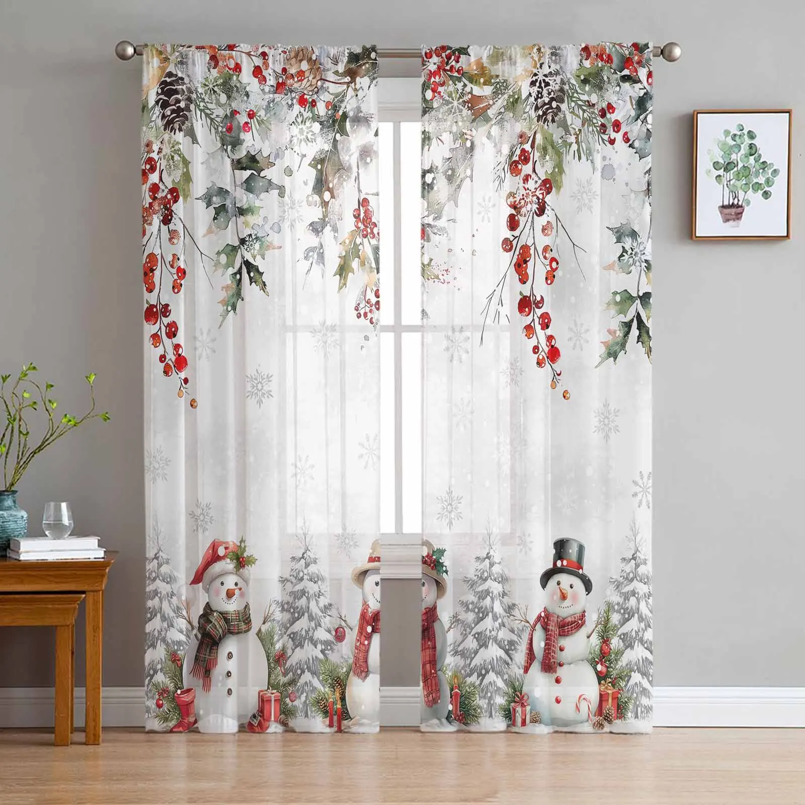 

Christmas Berry Snowman Tulle Curtains for Living Room Decoration Modern Chiffon Sheer Voile Christmas Curtains