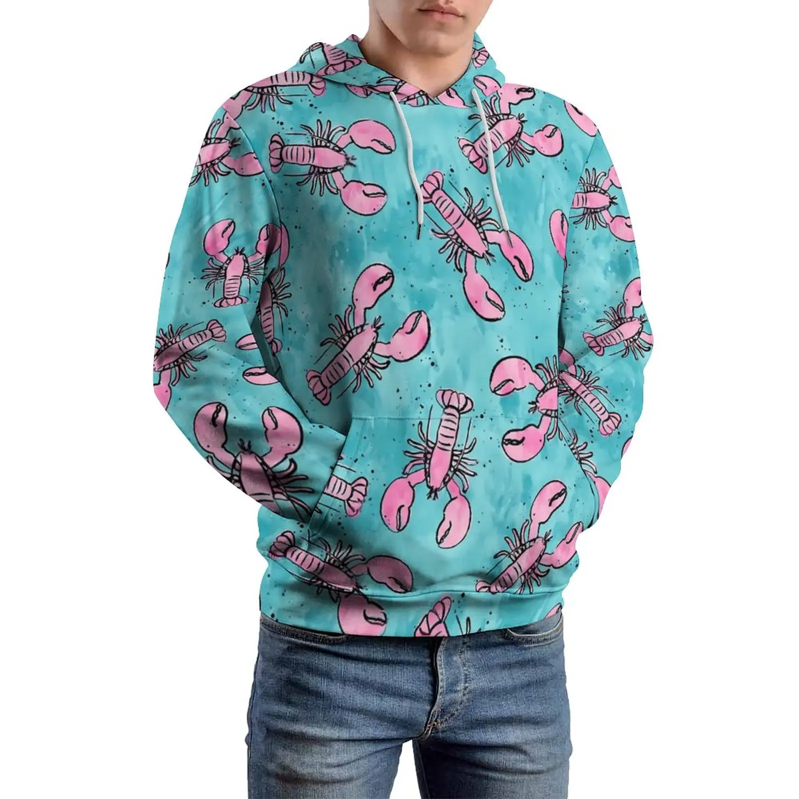 Lobsters Print Casual Hoodies Pink And Blue Classic Hoodie Men Long Sleeve Y2k Custom Sweatshirts Large Size 5XL 6XL