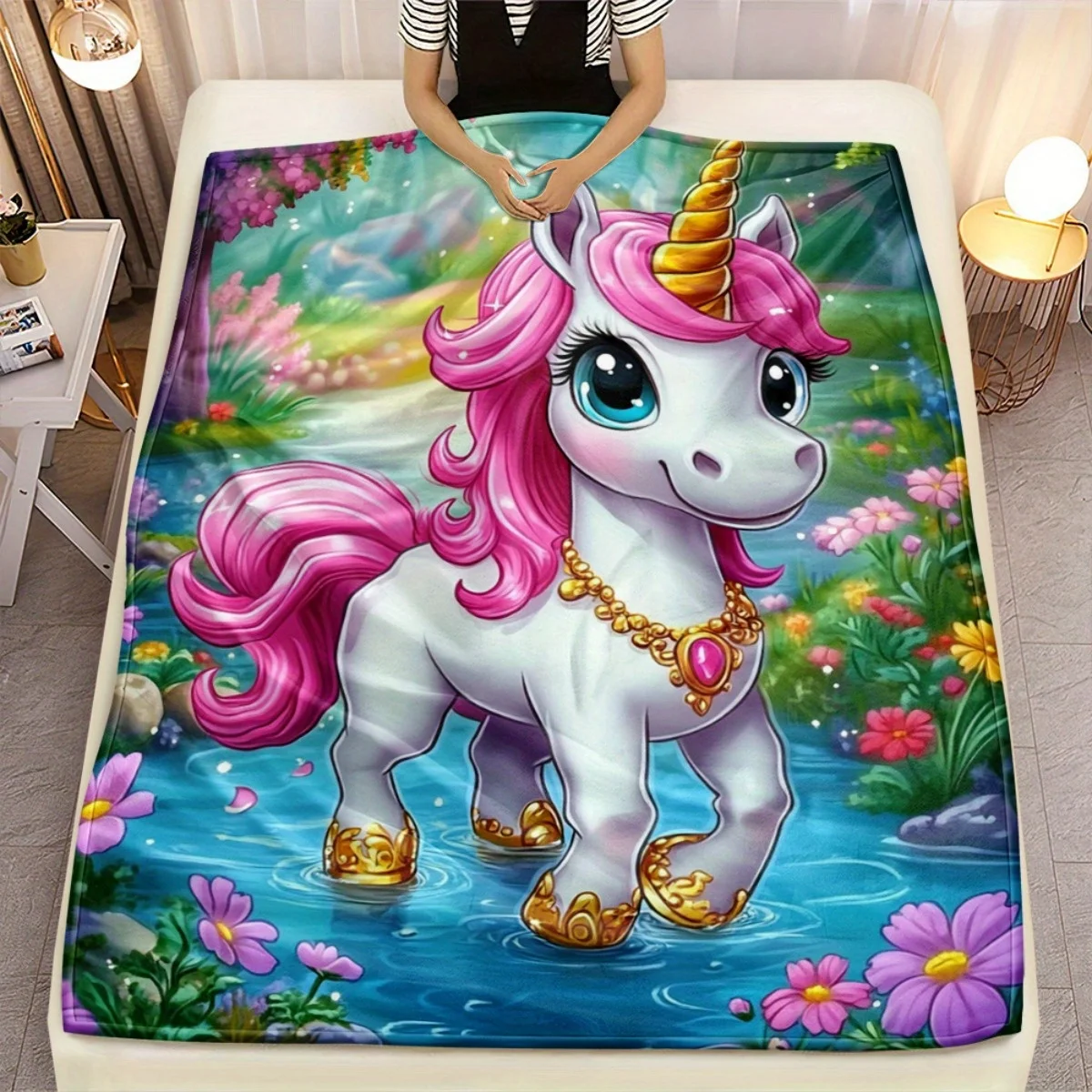 

Magical Pink Unicorn In Flower Garden Fleece Blanket Soft Flannel Throw Dreamy Fantasy Bedding Gift For Girls Princess ThemeHome