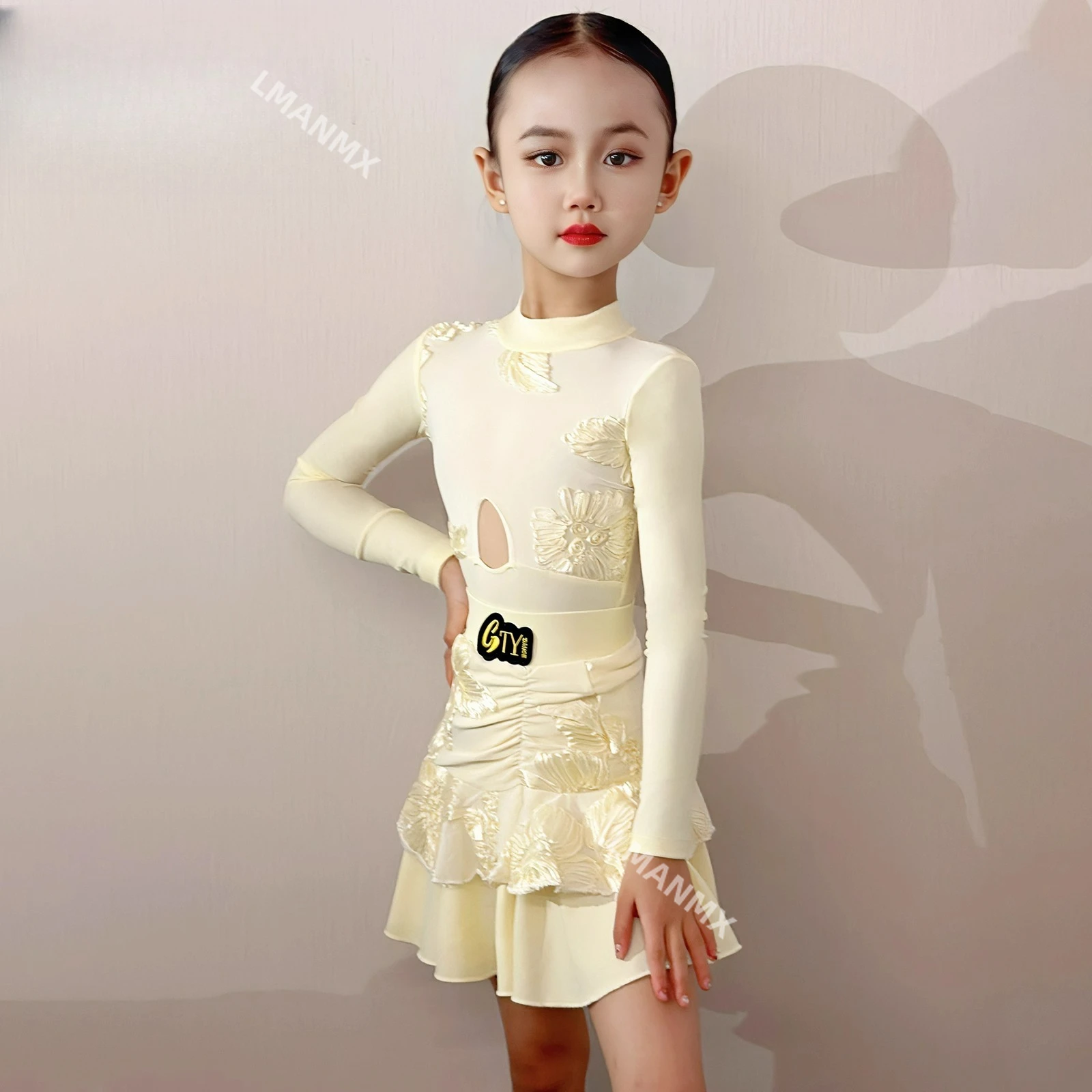 

Новое платье для латинских танцев, осенне-зимнее тренировочное платье с длинными рукавами и принтом для девочек, комплект платьев для выступлений