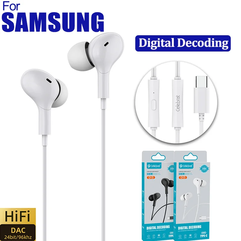Słuchawki douszne przewodowe typu C Jack z mikrofonem DAC HiFi Stereo dla Samsung Galaxy S23 S21 S22 A54 A34 A53 A53 Ultra