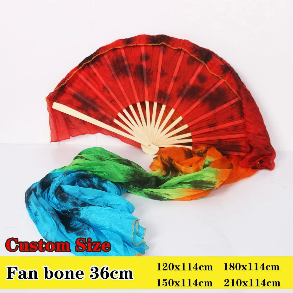 Abanico de danza del vientre personalizado de gran tamaño, abanico de danza de seda teñido hecho a mano, 36cm, costilla, 180x114cm, 100% seda Real, abanicos de alta calidad