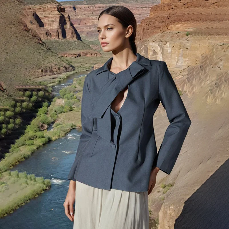 

Fashionable Women's Elegant Minimalist Casual Straight-Shoulder Slim Fit Lace-up Blazer Autumn Winter