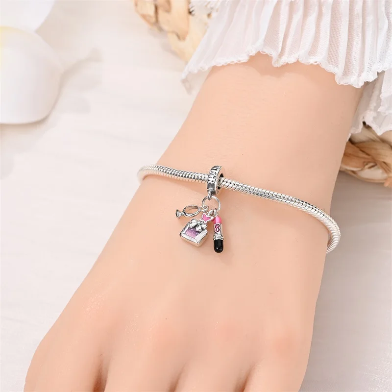 Sweet Romantic 925 Silver Princess Letter Pink High Heels Handbag Dress Charms Beads Fit Pan Original Bracelets DIY Jewelry