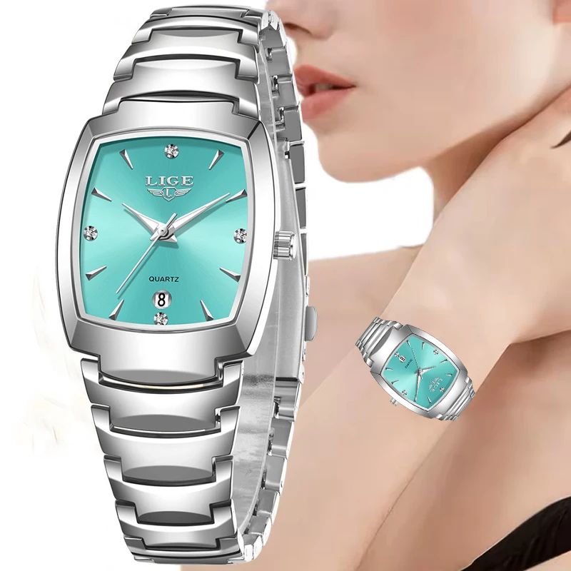

Женские часы LIGE с квадратным корпусом из нержавеющей стали, модные спортивные водонепроницаемые часы для женщин, элегантные кварцевые часы с бриллиантами, хронограф