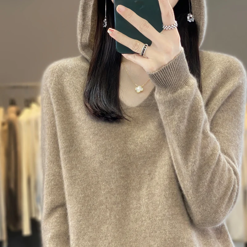 Autumn/Winter New 100% Merino Wool Women's Hooded Sweater Jumper Fashion Warm Sweater Women's Solid Color Solid Knit Soft Top