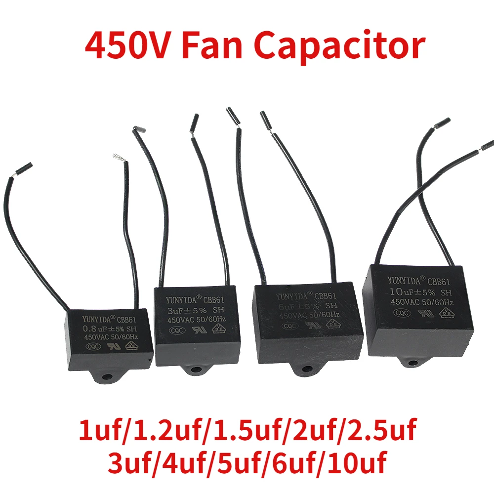 

1PCS CBB61 Fan Capacitor 450V Terminal Ceiling Fan Motor Run Rectangle Capacitors 1uf/1.2uf/1.5uf/2uf/2.5uf/3uf/4uf/5uf/6uf/10uf