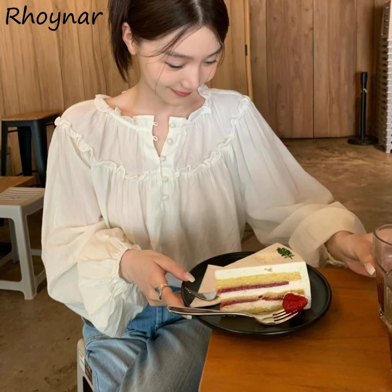 Blouses Women Korean Style Casual All-match Daily Design Fungus Side Puff Sleeve Solid Students Spring Sweet Prevalent Trendy