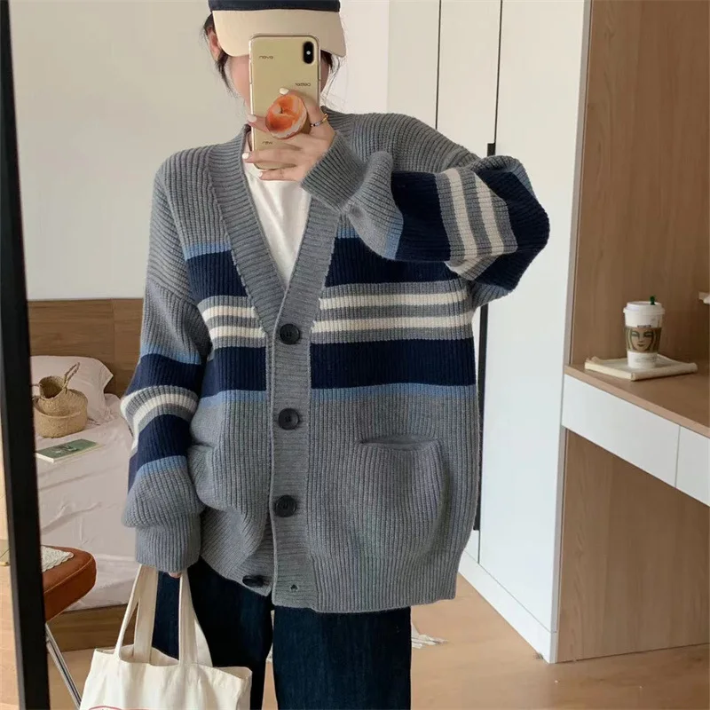 2024 Herbst und Winter New Style Mode Farbe Block Streifen Strickjacke, Bluse, loser Pullover Mantel, Frauen Strickjacke