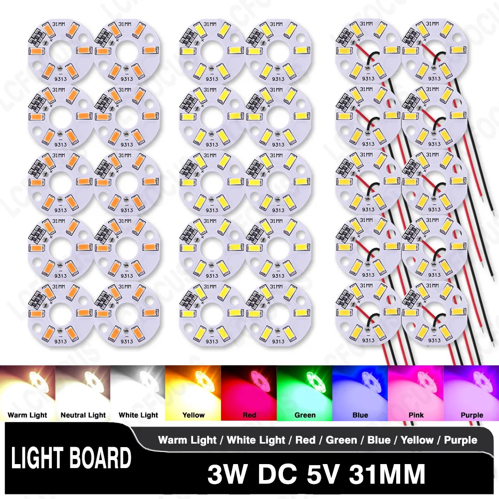 

10pcs LED Light Board 5V 3W 6 LEDs SMD 5730 Round Bulb Lamp Source Dia 31mm Red Green Blue Yellow Warm White Neutral Lights