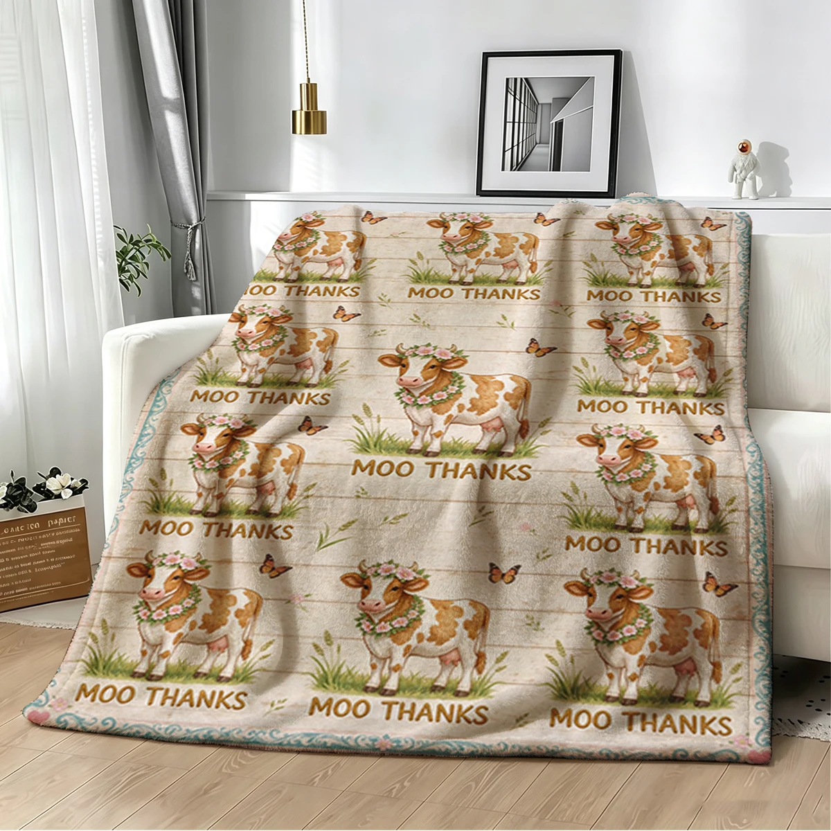 Moo Thanks Brown Cow Wheat Flannel Blanket Warm Soft Halloween Christmas Decorative Couch Warm Cozy All-Season Gift