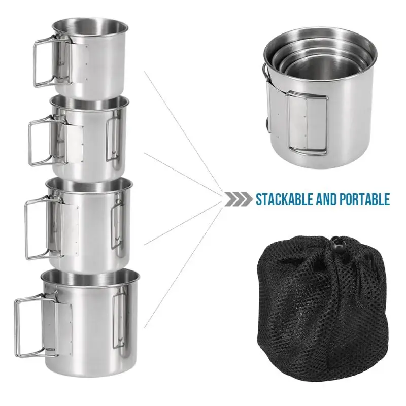 4pcs Outdoor Camping Stainless Steel Cups Set Drinking Water Cups Mugs with Foldable Handles Tableware for Camping and Tourism