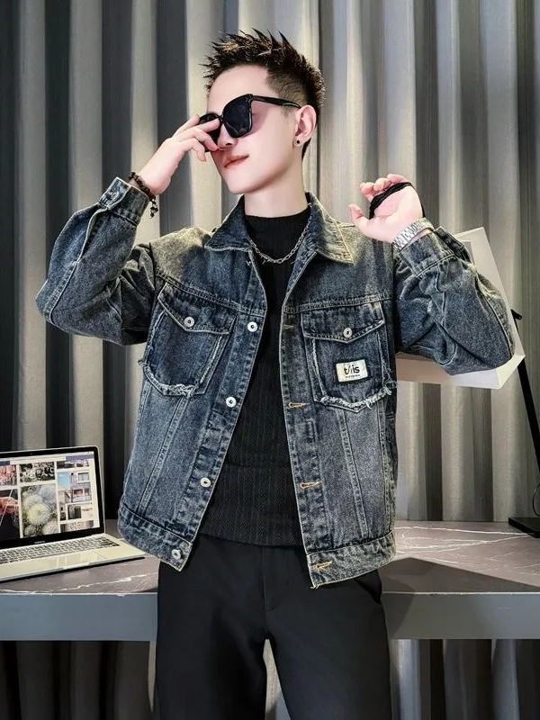

Retro Sle Men's Denim Jaet Waed Casual Faion Upper Apparel New 2025 Haome Leisure Coat Stand Fit