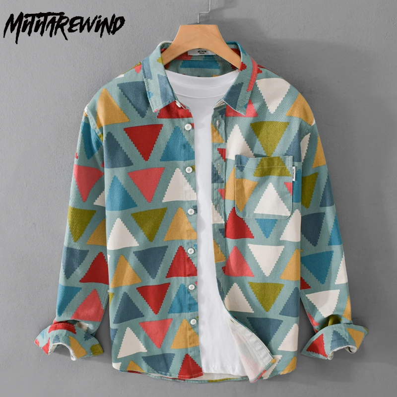 Camisa masculina com estampa geométrica completa, manga comprida, streetwear primavera, tendência algodão, moda juvenil casual, nova