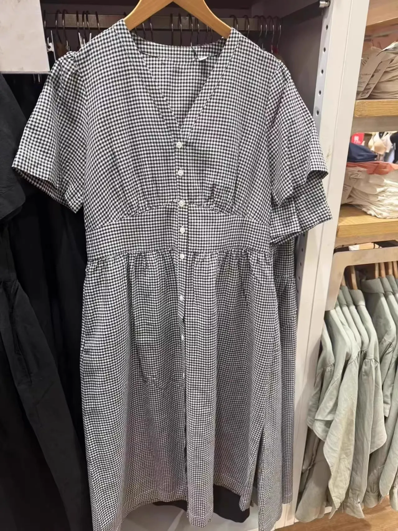 

Летняя женская повседневная юбка А-силуэта с V-образным вырезом, в клетку, из смесового хлопка, с коротким рукавом, с завышенной талией, однотонная