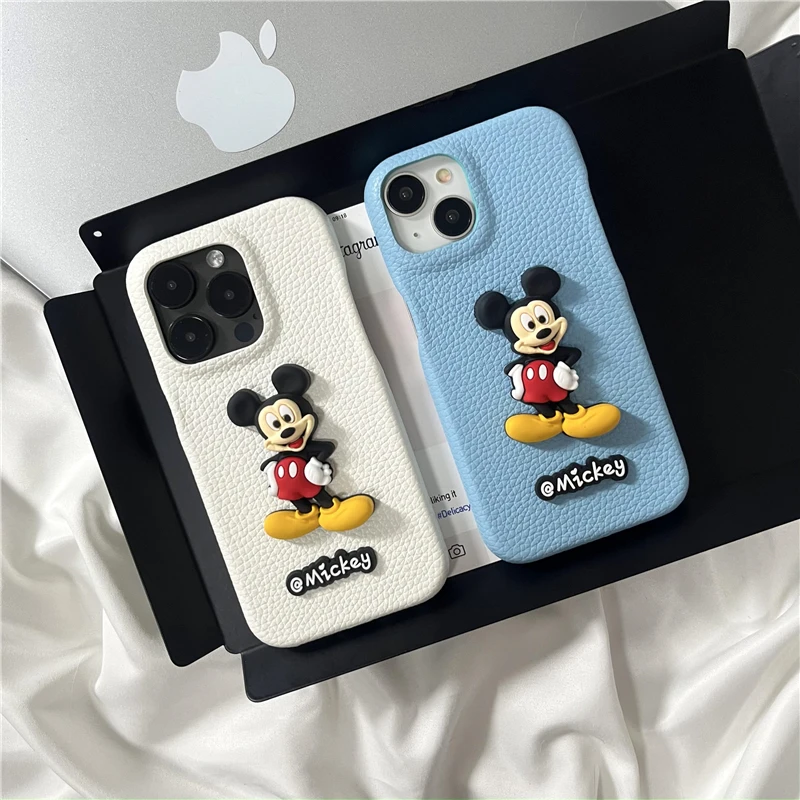 Engraçado dos desenhos animados bonito mickey mouse luxo lichia padrão capa de telefone de couro para iphone 12 13 14 15 pro max disney mickey boneca caso