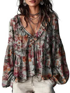 Blusa de outono com decote em V, camisa de manga comprida para mulher, blusa de primavera, peça casual, elegante, moderna, para usar no dia a dia e em