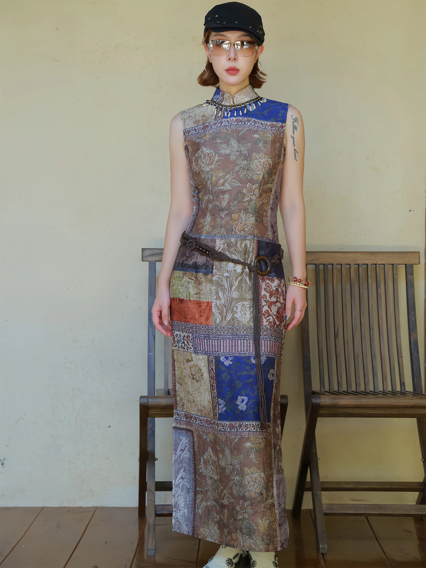 

DIDI DESIGN, оригинальный ретро этнический Sle, новый китайский длинный рукав Qipao Dr, повседневная одежда с высоким разрезом, полиэстер, нейлон, смесь льна